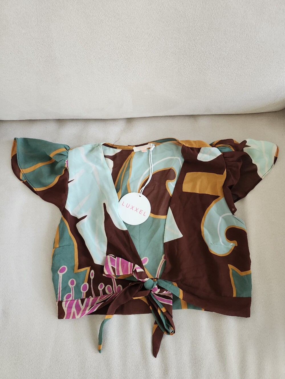 Luxxel Brown Teal Mustard Pink Abstract Tie-Front Crop Top